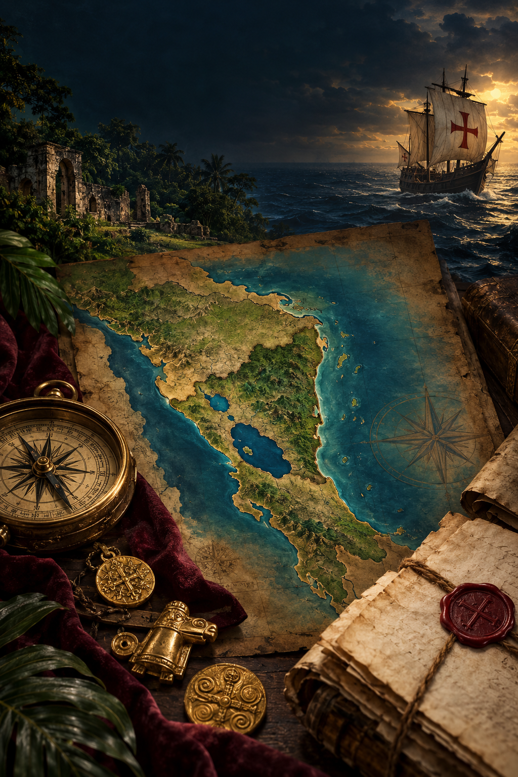 Composición histórica con mapa, navío, brújula y manuscrito para El Legado de Pedrarias