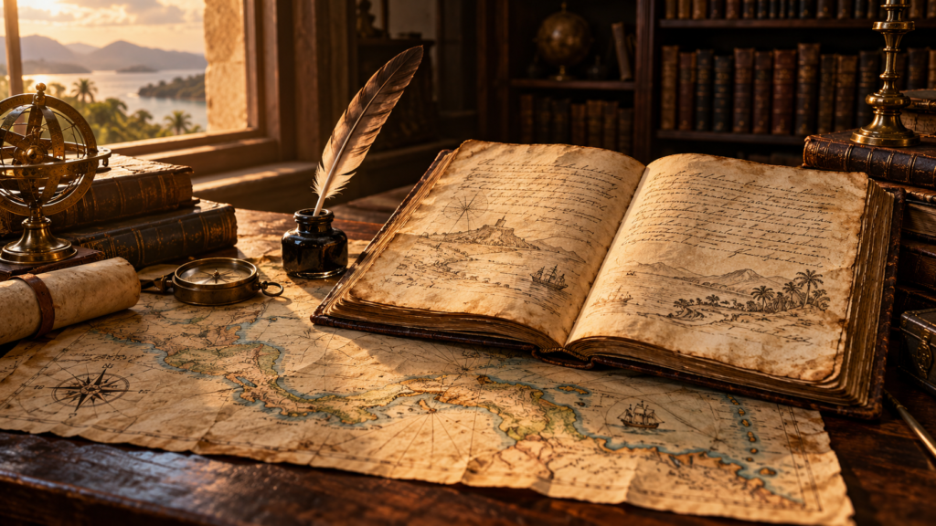 Manuscrito antiguo abierto sobre un mapa, junto a una pluma, en una biblioteca iluminada por luz cálida.