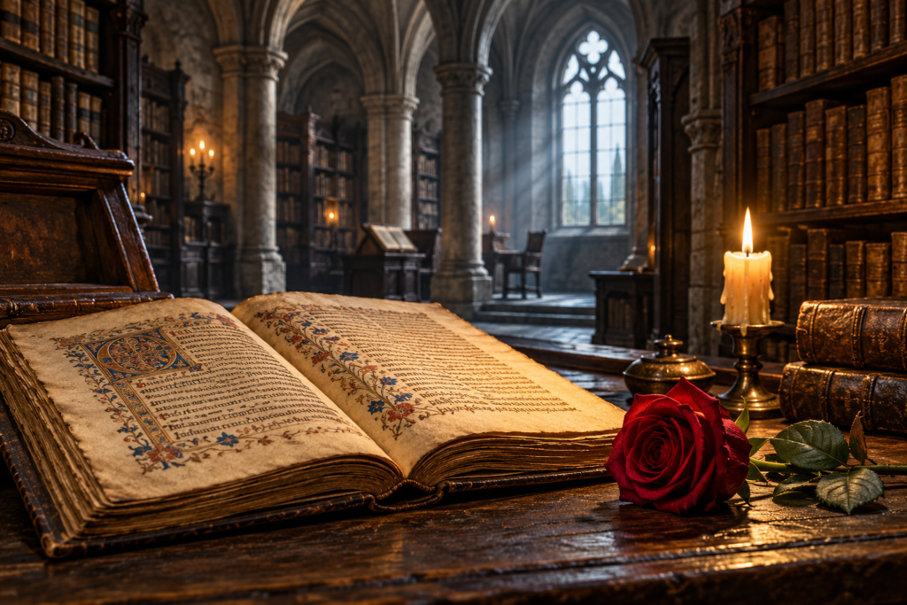 Libro antiguo abierto junto a una rosa roja y una vela en una biblioteca medieval